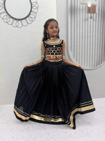 Mirror Hand Work Black Colour Kids Navrtri Lehenga