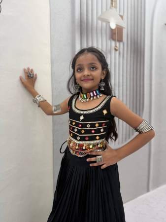 Mirror Hand Work Black Colour Kids Navrtri Lehenga