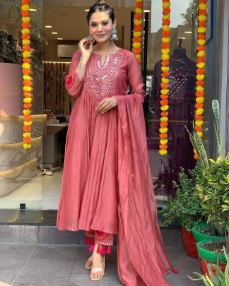 Mirror work Anarkali Kurta With Pant And Dupatta