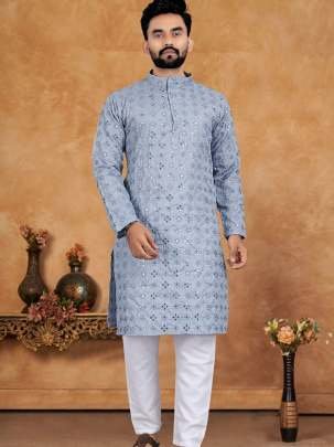 Mirror Work Cotton Grey Men Kurta Pyjama