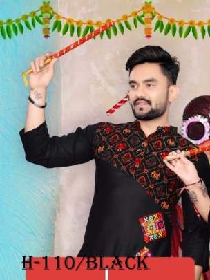  Mirror Work Navratri Special Black Men Kurta With Dhoti