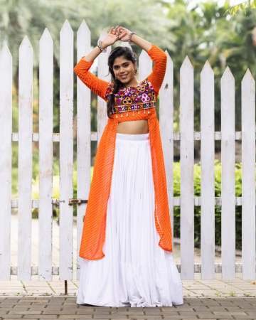 Mirror  Work Orange Colour Navratri Lehenga