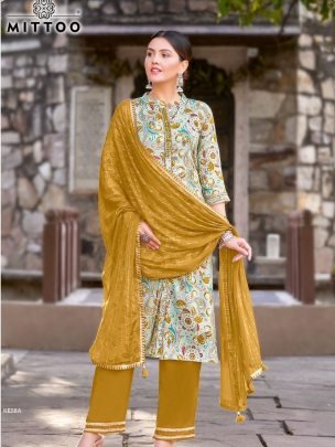 Mittoo Present Kesha Rayon Print Embroidery Kurti Pant Dupatta Set