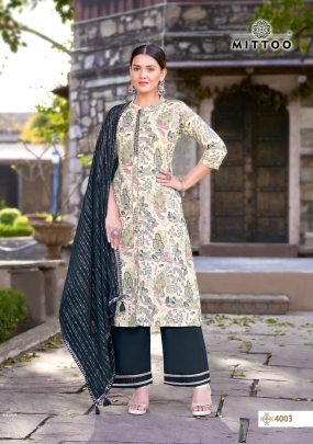 Mittoo Present Kesha Rayon Print Embroidery Kurti Pant Dupatta Set