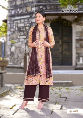Mittoo Present Kesha Rayon Print Embroidery Kurti Pant Dupatta Set