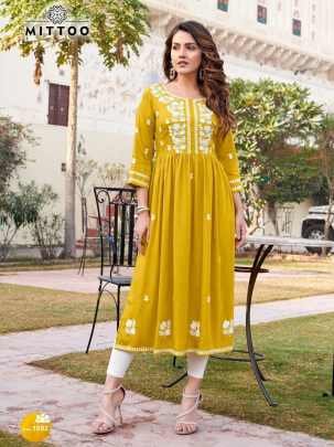 Mittoo Presents Paaneri Rayon Slub Hand work and Embroidered work Kurti