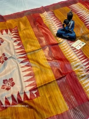 Mix Color Screen Printed Original Tussar Ghicha Silk Saree 21