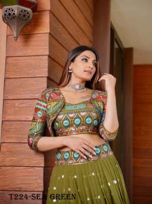 Modelling Mehendi Green Georgette Lehenga Choli With Jacket