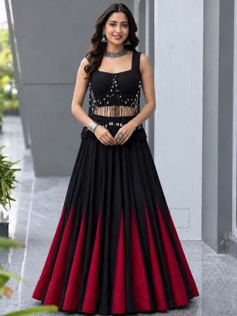 Modern Touch Red And Black Colour Navratri Lehenga