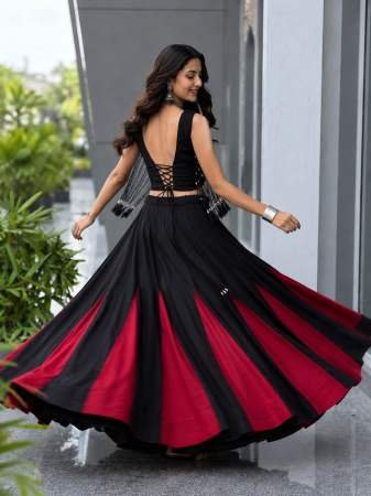 Modern Touch Red And Black Colour Navratri Lehenga