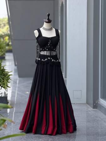 Modern Touch Red And Black Colour Navratri Lehenga