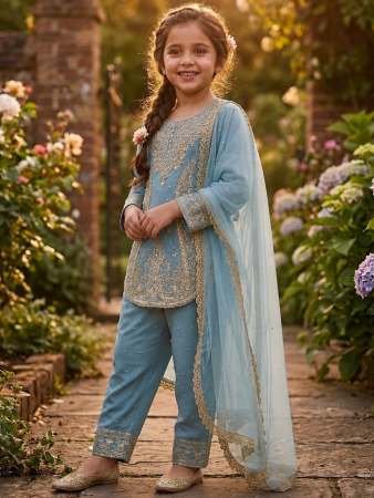 Moti Work Sky Blue Colour Kids Sharara