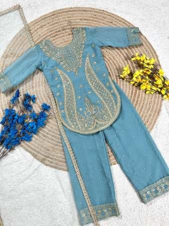 Moti Work Sky Blue Colour Kids Sharara