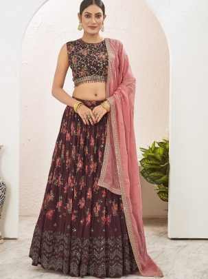 Mukaish Embroidered Work Brown Georgette Lehenga Choli