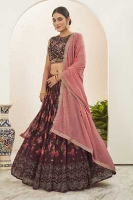 Mukaish Embroidered Work Brown Georgette Lehenga Choli