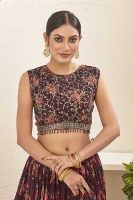 Mukaish Embroidered Work Brown Georgette Lehenga Choli