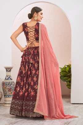 Mukaish Embroidered Work Brown Georgette Lehenga Choli