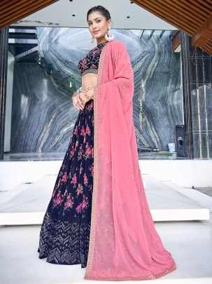 Mukaish Embroidered Work Navy Blue Georgette Lehenga Choli