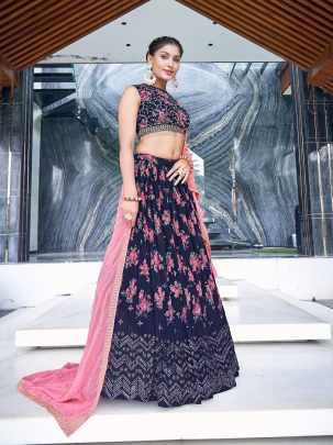 Mukaish Embroidered Work Navy Blue Georgette Lehenga Choli