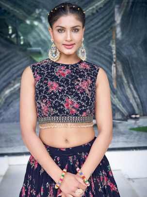 Mukaish Embroidered Work Navy Blue Georgette Lehenga Choli