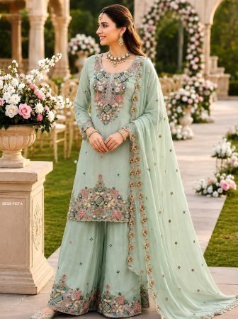 Mul Chanderi Pista Color Embroidery Sharara Suit 