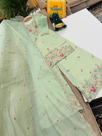 Mul Chanderi Pista Color Embroidery Sharara Suit