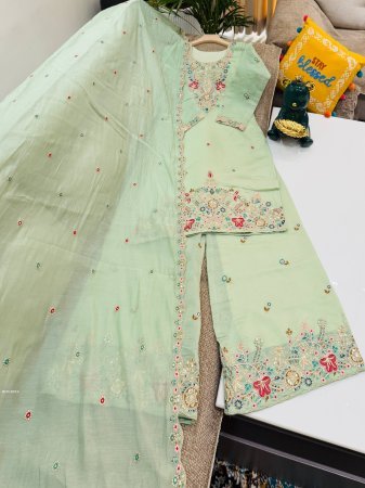 Mul Chanderi Pista Color Embroidery Sharara Suit