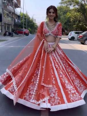 Mulmul Silk Orange Lehenga Set with Sequins Work