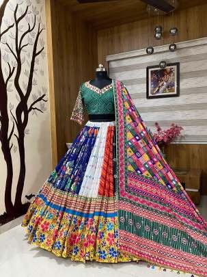 Multi Color Muslin Cotton Lehenga Choli With Mirror Work
