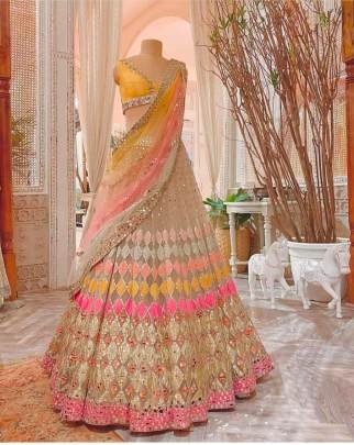 Multi Colored Butterfly Net Mirror Work Lehenga Choli