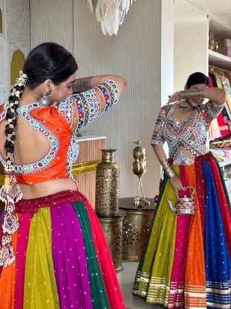 Multi Colour Navratri Lehenga With Beautiful Real Mirror Work Blouse