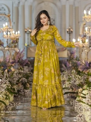 Multi Mehndi 3 piece Koti Style Digital Print Indo Western Suit by Fab Funda