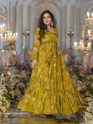 Multi Mehndi 3 piece Koti Style Digital Print Indo Western Suit by Fab Funda