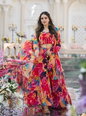 Multi Pink 3 piece Koti Style Digital Print Indo Western Suit by Fab Funda
