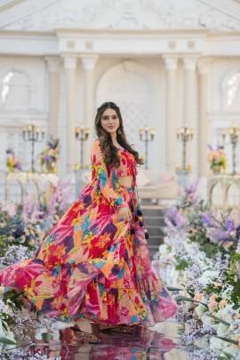 Multi Pink 3 piece Koti Style Digital Print Indo Western Suit by Fab Funda