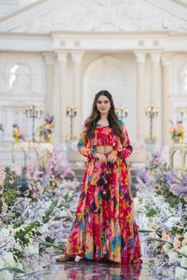 Multi Pink 3 piece Koti Style Digital Print Indo Western Suit by Fab Funda