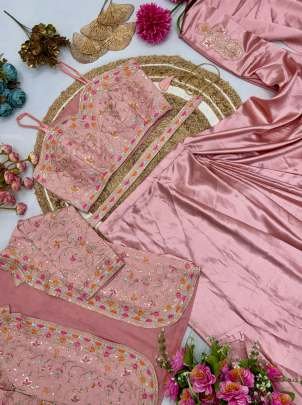 Multi Thread Work Baby Pink  Ready To Wear Saree With Jacket
