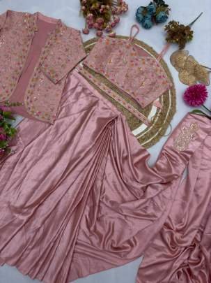 Multi Thread Work Baby Pink  Ready To Wear Saree With Jacket
