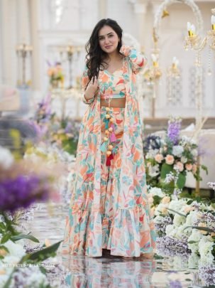 Multi White 3 piece Koti Style Digital Print Indo Western Suit by Fab Funda