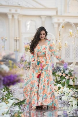 Multi White 3 piece Koti Style Digital Print Indo Western Suit by Fab Funda