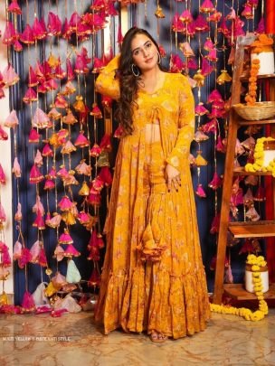 Multi Yellow 3 piece Koti Style Digital Print Indo Western Suit by Fab Funda