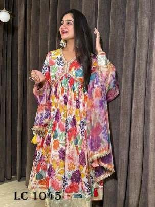 Multicolor Printed Anarkali Muslin Gown Palazzo Dupatta Set