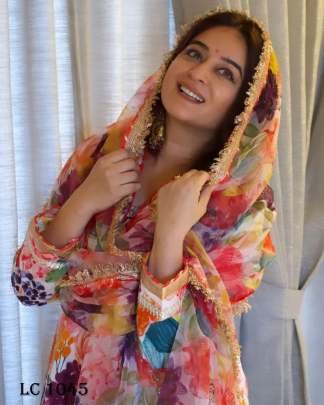 Multicolor Printed Anarkali Muslin Gown Palazzo Dupatta Set