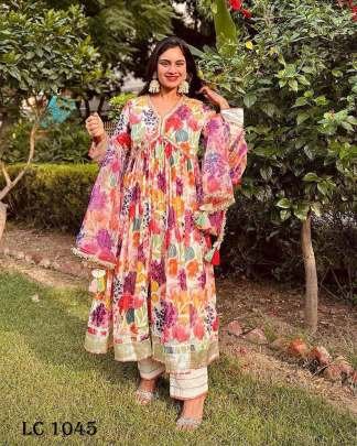 Multicolor Printed Anarkali Muslin Gown Palazzo Dupatta Set