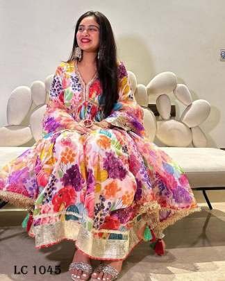Multicolor Printed Anarkali Muslin Gown Palazzo Dupatta Set