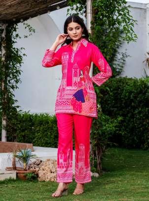 Muslin Silk Abstract Printed Pink Co ord Set