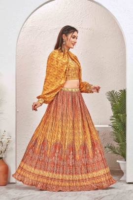 Mustard color Silk Blend Crushed Readymade Lehenga Choli