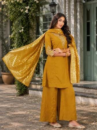 Mustard Colour Embroidered Kurti Pant Dupatta