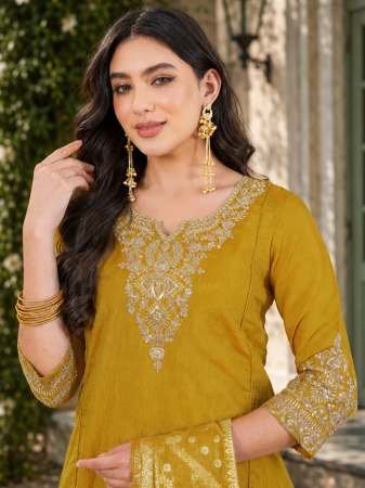 Mustard Colour Embroidered Kurti Pant Dupatta