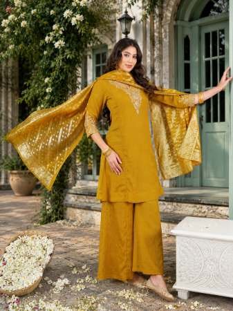 Mustard Colour Embroidered Kurti Pant Dupatta